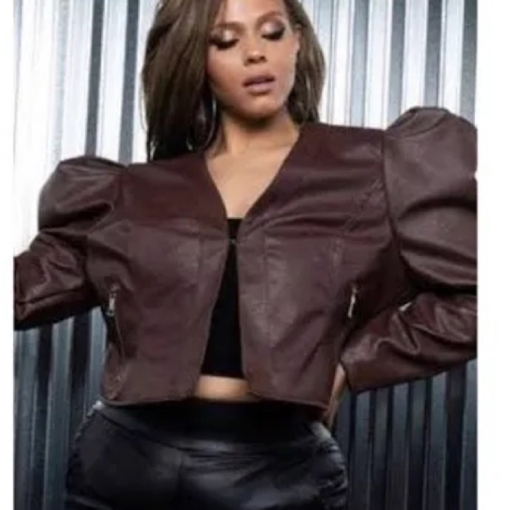 Azalea Wang, vegan leather statement sleeve cropped jacket